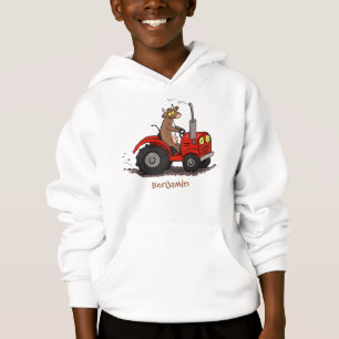 Cute lycklig ko som kör en röd traktortecknad t shirt