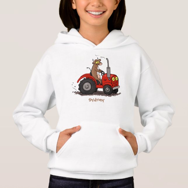 Cute lycklig ko som kör en röd traktortecknad t shirt (Framsida)