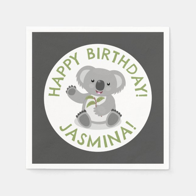 Cute lycklig koala personlig-tecknad födelsedag pappersservett (Framsidan)