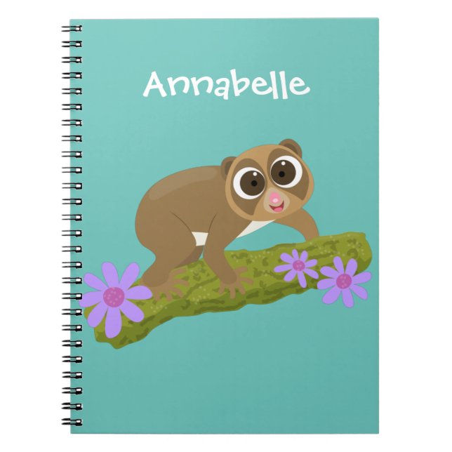 Cute lycklig långsam loris på gren tecknad anteckningsbok (Framsidan)