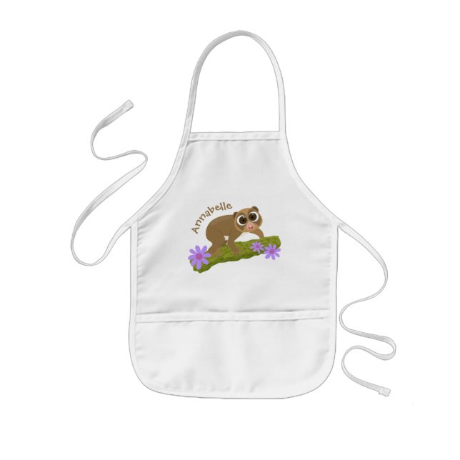 Cute lycklig långsam loris på gren tecknad barnförkläde (Framsidan)