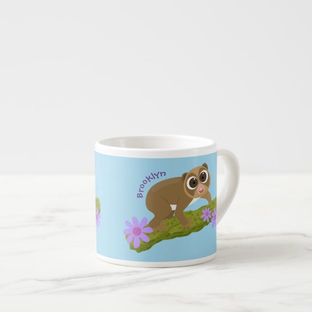 Cute lycklig långsam loris på gren tecknad espressomugg (Framsida höger)