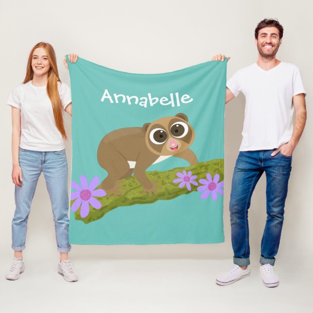 Cute lycklig långsam loris på gren tecknad fleecefilt (På plats)