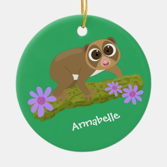 Cute lycklig långsam loris på gren tecknad julgransprydnad keramik (Framsidan)