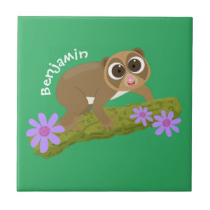 Cute lycklig långsam loris på gren tecknad kakelplatta