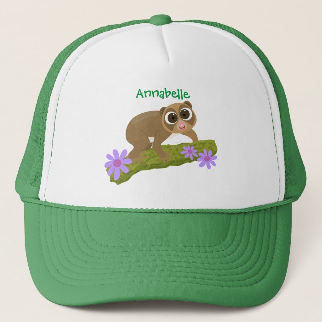 Cute lycklig långsam loris på gren tecknad keps (Framsida)