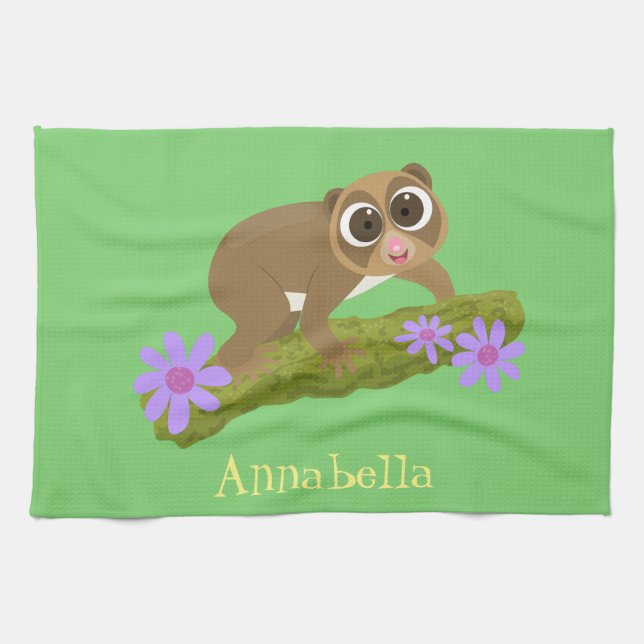 Cute lycklig långsam loris på gren tecknad kökshandduk (Horisontell)