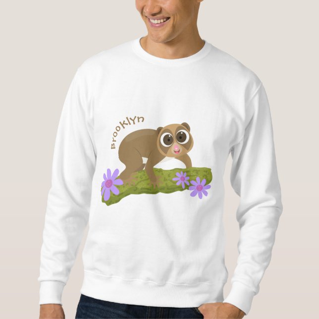 Cute lycklig långsam loris på gren tecknad lång ärmad tröja (Framsida)