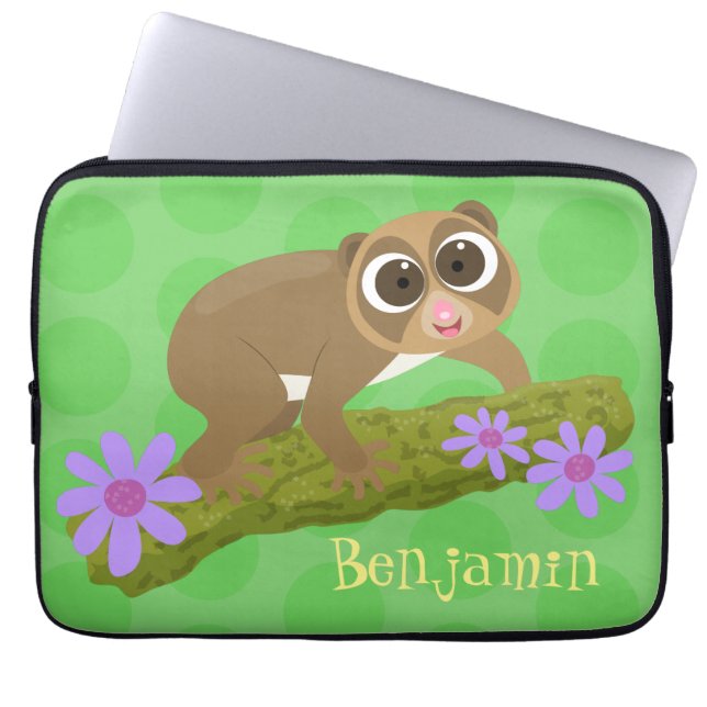 Cute lycklig långsam loris på gren tecknad laptop fodral (Framsidan)