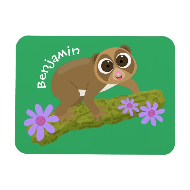 Cute lycklig långsam loris på gren tecknad magnet (Horisontell)
