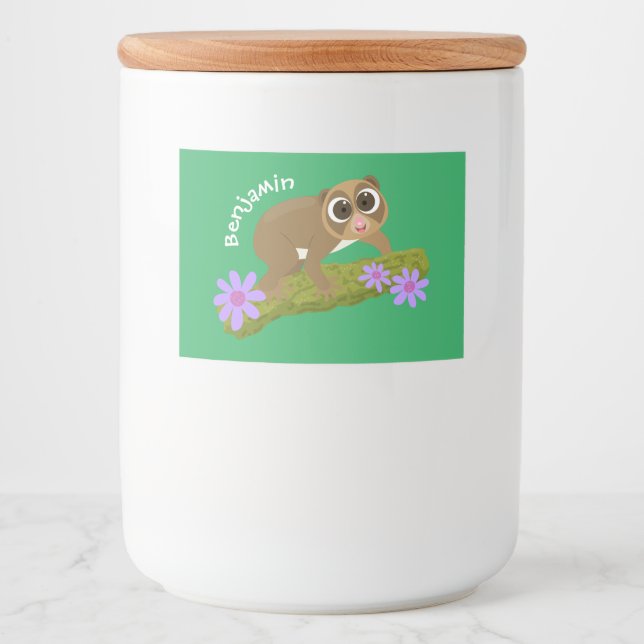 Cute lycklig långsam loris på gren tecknad mat etiketter (Framsida)