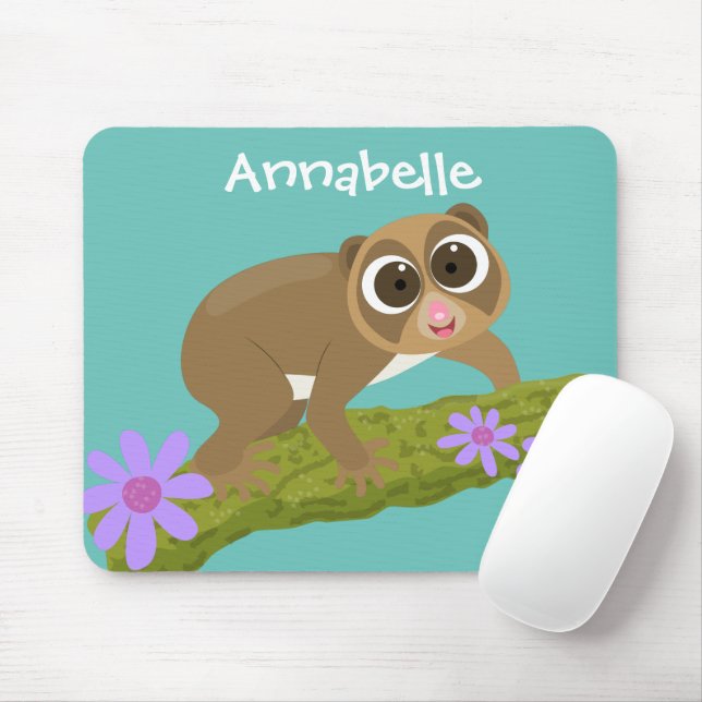 Cute lycklig långsam loris på gren tecknad musmatta (Med mus)