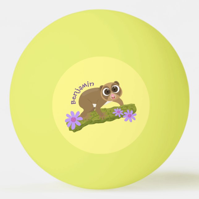 Cute lycklig långsam loris på gren tecknad pingisboll (Framsidan)