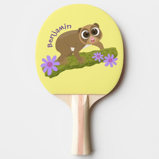 Cute lycklig långsam loris på gren tecknad pingisracket (Framsidan)