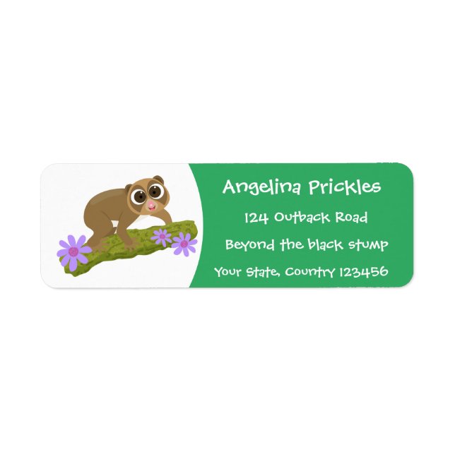 Cute lycklig långsam loris på gren tecknad returadress etikett (Framsidan)