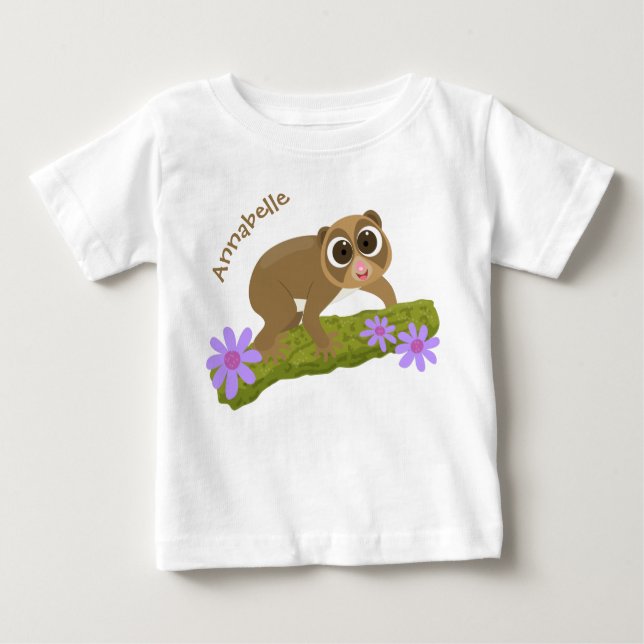 Cute lycklig långsam loris på gren tecknad t shirt (Framsida)