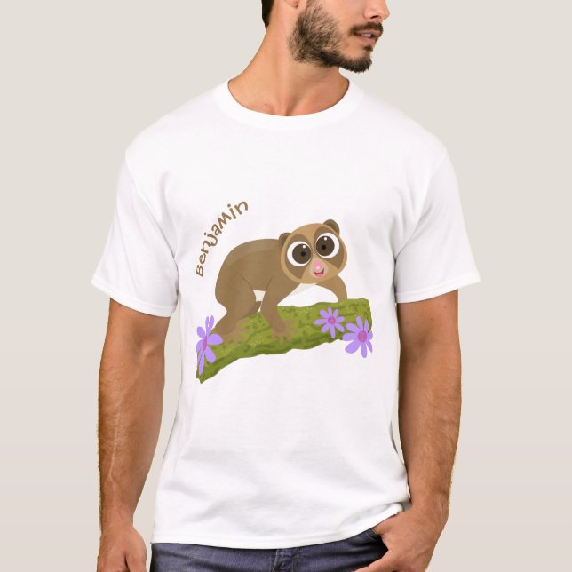 Cute lycklig långsam loris på gren tecknad t shirt (Framsida)