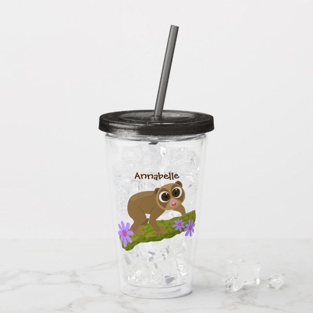 Cute lycklig långsam loris på gren tecknad take away mugg (Baksida Ice)