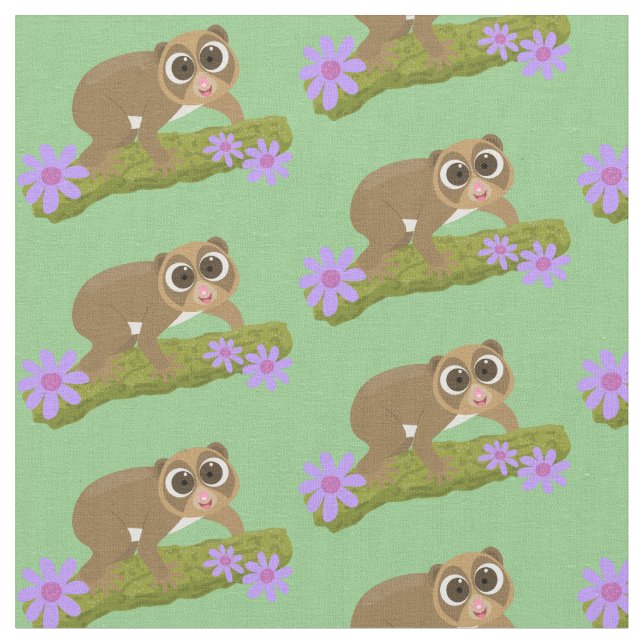 Cute lycklig långsam loris på gren tecknad tyg (Närbild)