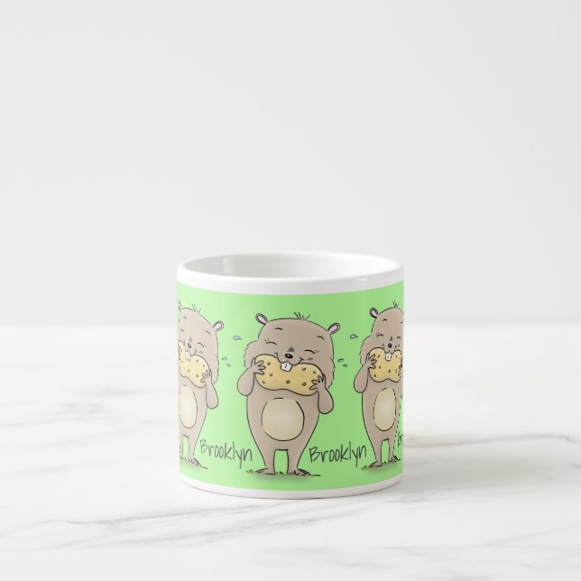 Cute lycklig-leende hamster med jordnöts tecknad espressomugg (Framsidan)