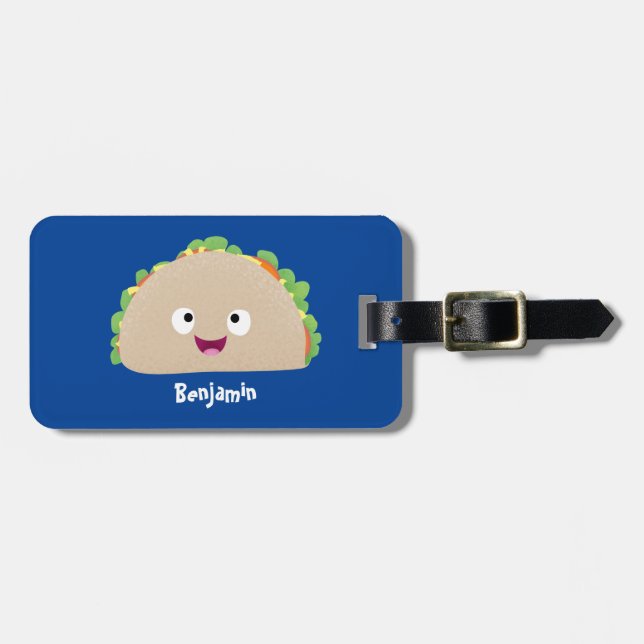 Cute lycklig leende taco tecknad illustration bagagebricka (Horisontell Framsida)