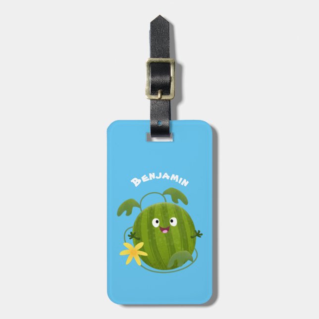Cute lycklig leende vattenmelon tecknad bagagebricka (Vertikal Framsida)