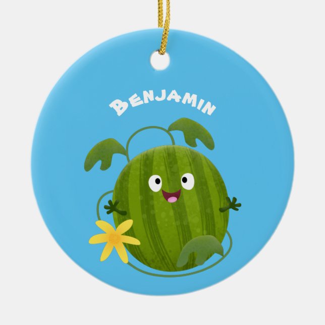Cute lycklig leende vattenmelon tecknad julgransprydnad keramik (Framsidan)
