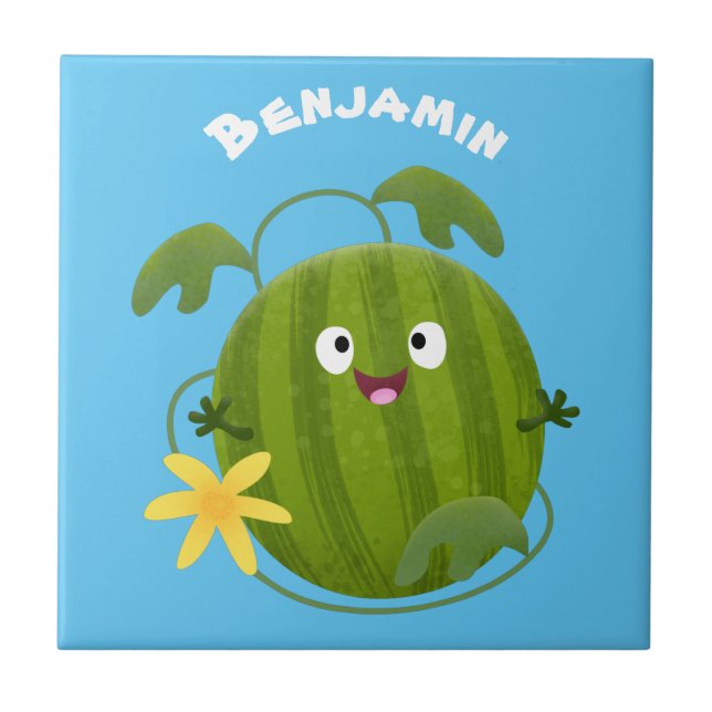 Cute lycklig leende vattenmelon tecknad kakelplatta (Framsidan)