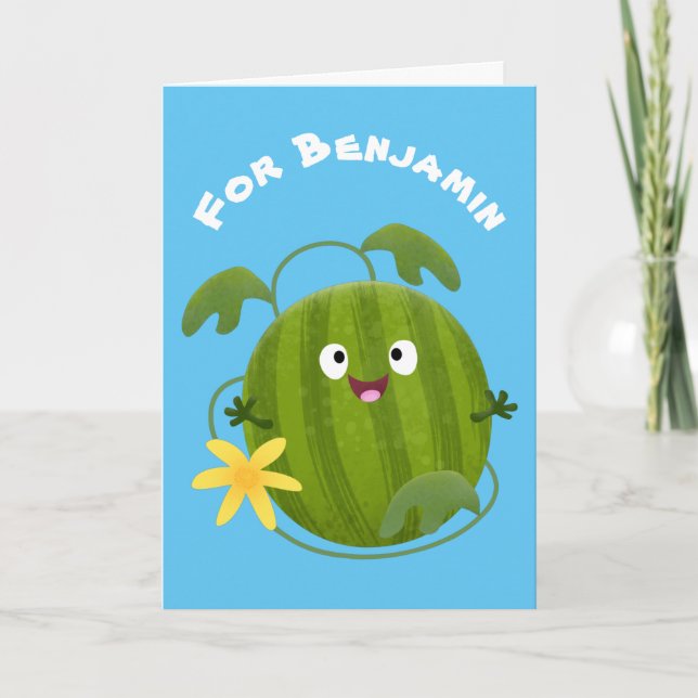 Cute lycklig leende vattenmelon tecknad kort (Framsida)