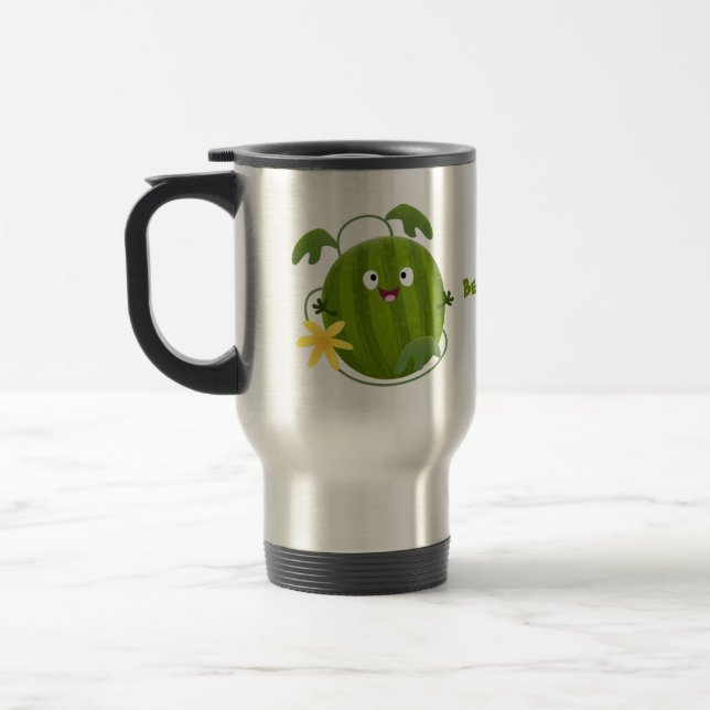 Cute lycklig leende vattenmelon tecknad resemugg (Vänster)