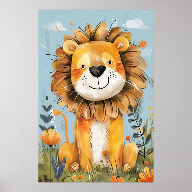 Cute Lycklig Lejona Baby Nursery Kids Poster (Framsidan)