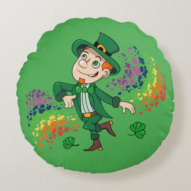 Cute lycklig ler leprechaun, regnbåge rund kudde (Framsidan)