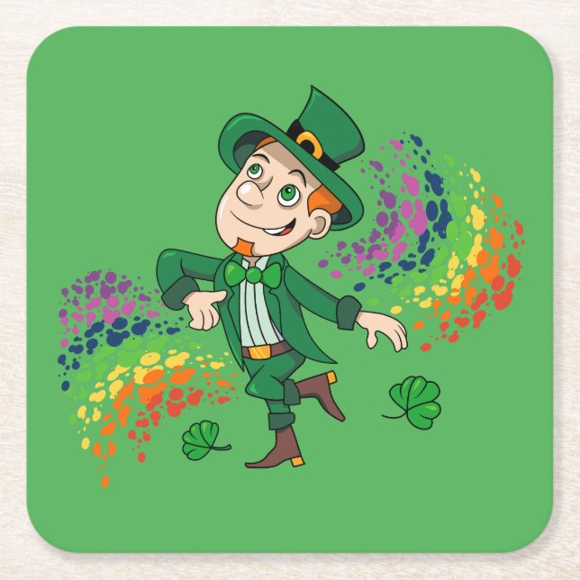 Cute lycklig ler leprechaun, regnbåge underlägg papper kvadrat (Framsidan)