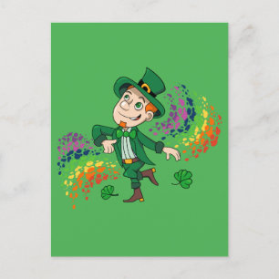 Cute lycklig ler leprechaun, regnbåge vykort