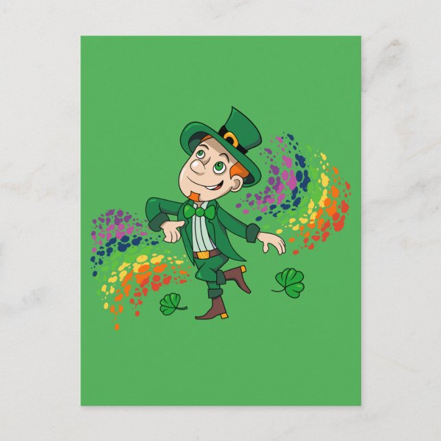 Cute lycklig ler leprechaun, regnbåge vykort (Framsida)