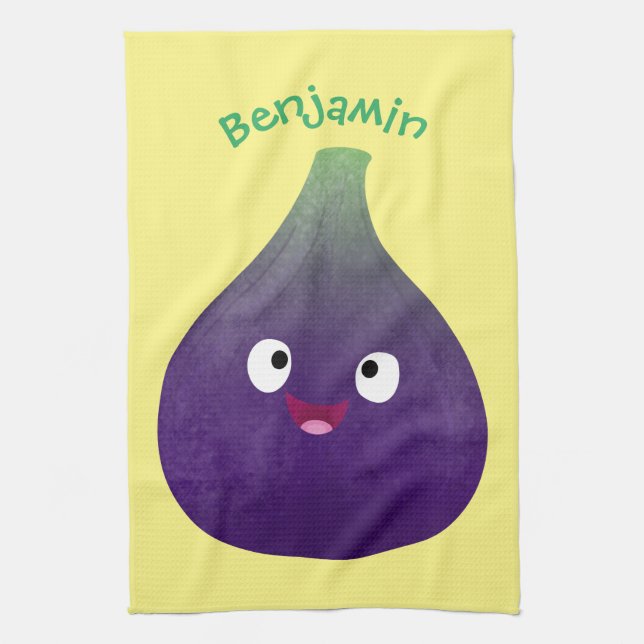 Cute lycklig lila fig tecknad kökshandduk (Vertikal)