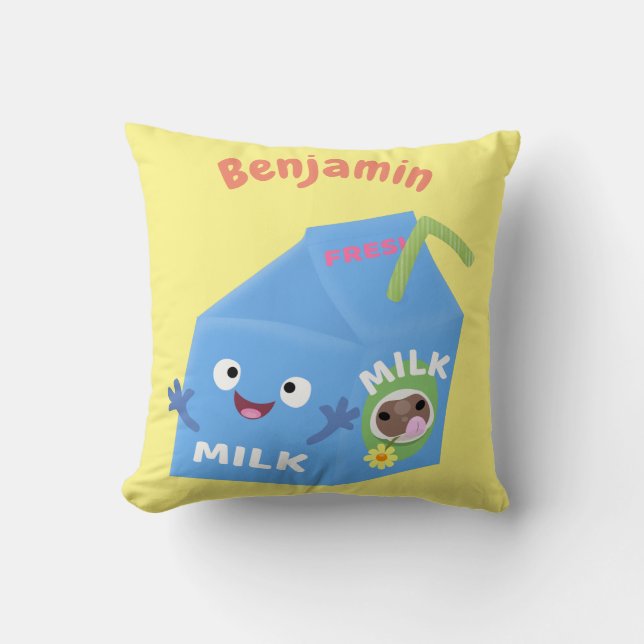 Cute lycklig mjölk-kartongens tecknad kudde (Framsida)