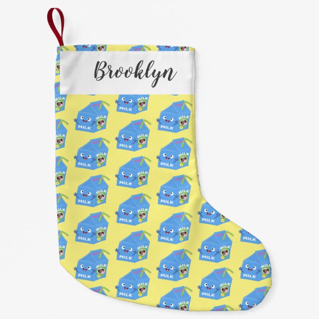 Cute lycklig mjölk-kartongens tecknad liten julstrumpa (Framsidan)