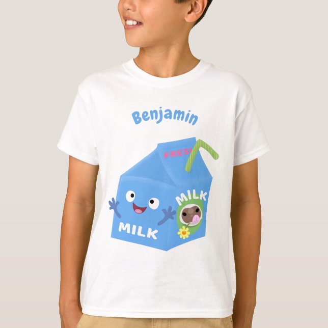 Cute lycklig mjölk-kartongens tecknad t shirt (Framsida)