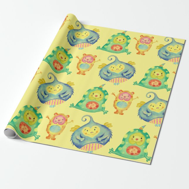 CUTE LYCKLIG MONSTER FOR SPÄDBARN WRAPPING PAPPER PRESENTPAPPER (Utrullad)