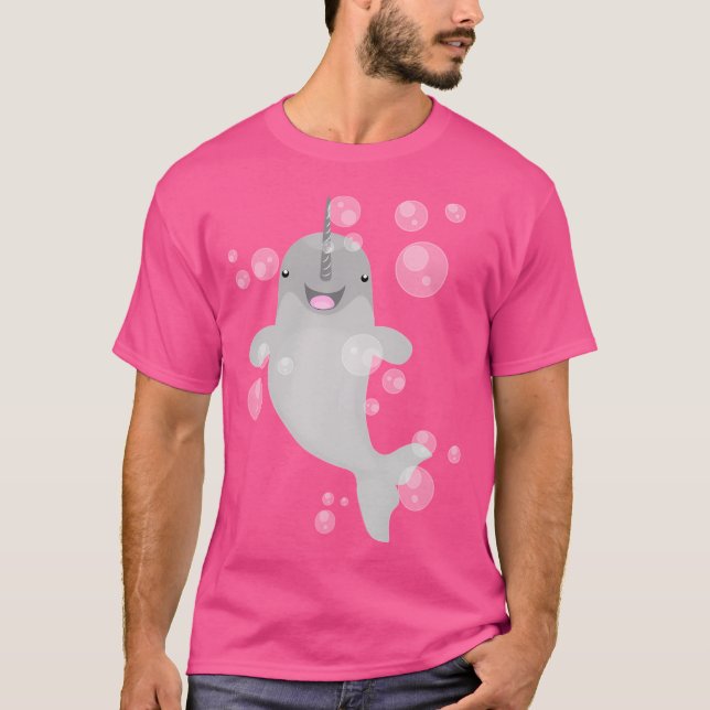 Cute Lycklig Narwal Bubbles Tecknad Illustration T Shirt (Framsida)