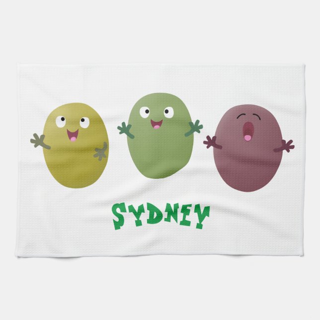 Cute lycklig olives sjunger tecknad kökshandduk (Horisontell)