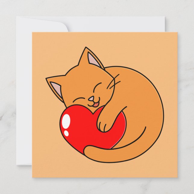 Cute Lycklig Orange Cat Holding Red Heart Inbjudningar (Framsida)