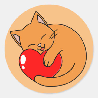 Cute Lycklig Orange Cat Holding Red Heart Runt Klistermärke