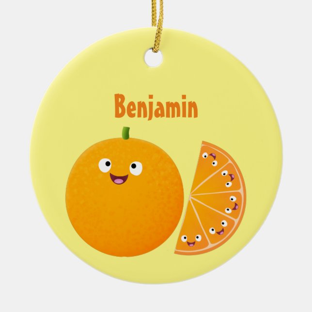 Cute lycklig orange citrus tecknad julgransprydnad keramik (Framsidan)