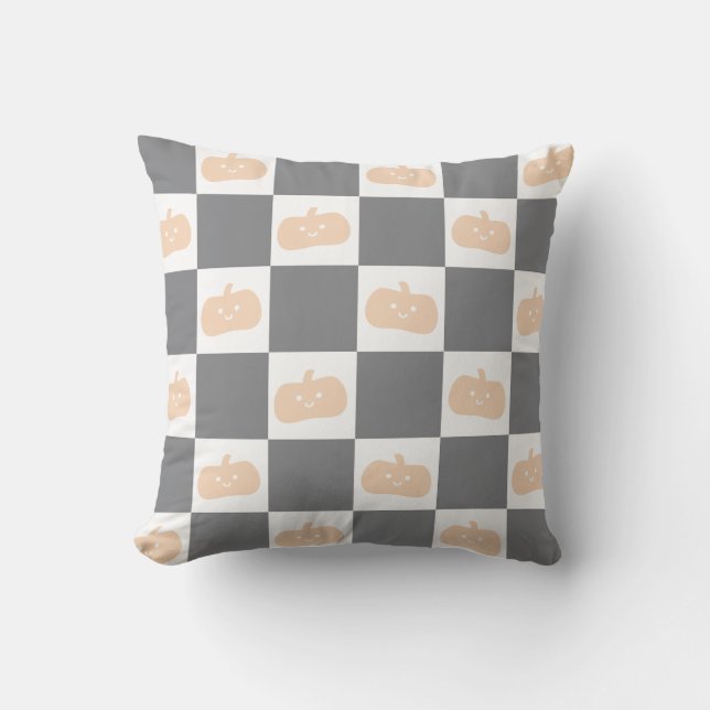 Cute Lycklig Orange Pumpkin med Checkerboard Kudde (Framsida)