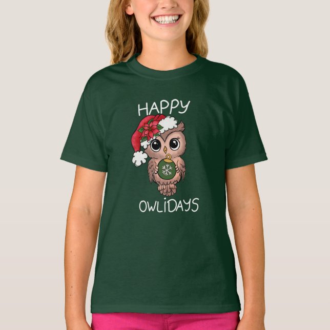 Cute Lycklig Owlidays-julen Uggla Grönt T Shirt (Framsida)