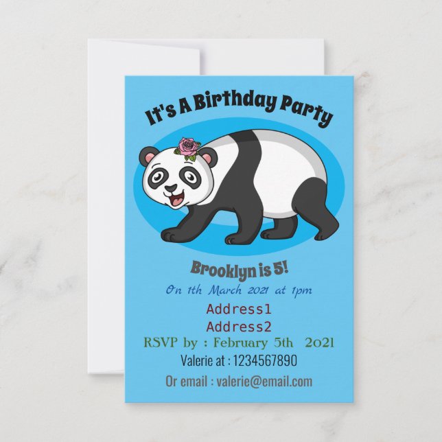 Cute lycklig panda björn med blomma tecknad inbjudningar (Framsida)