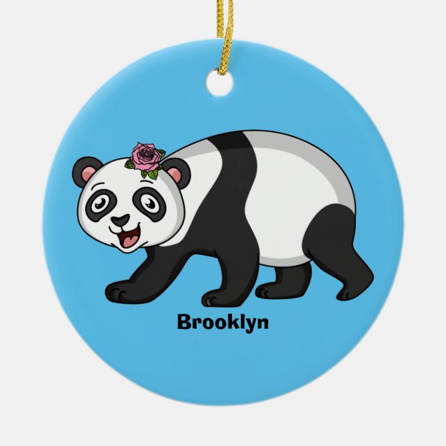 Cute lycklig panda björn med blomma tecknad julgransprydnad keramik (Framsidan)