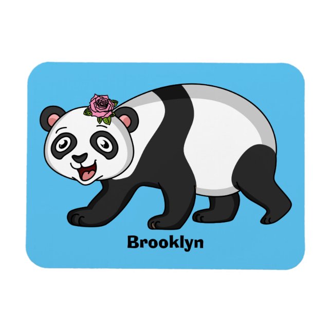 Cute lycklig panda björn med blomma tecknad magnet (Horisontell)